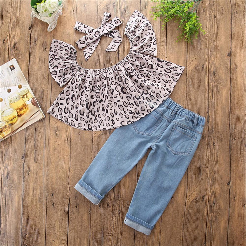 Girls Leopard Short Sleeve Off Shoulder Top & Ripped Jeans & Headband Wholesale Girl Boutique Clothing - PrettyKid