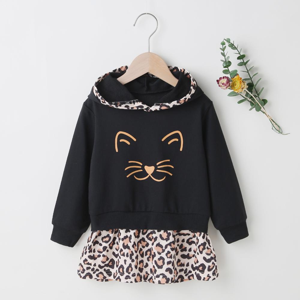 Girls Leopard Splicing Kitty Printed Long Sleeve Hooded Dress Kids Trendy Wholesale - PrettyKid