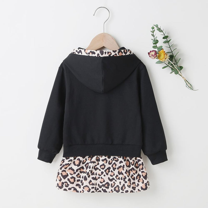 Girls Leopard Splicing Kitty Printed Long Sleeve Hooded Dress Kids Trendy Wholesale - PrettyKid