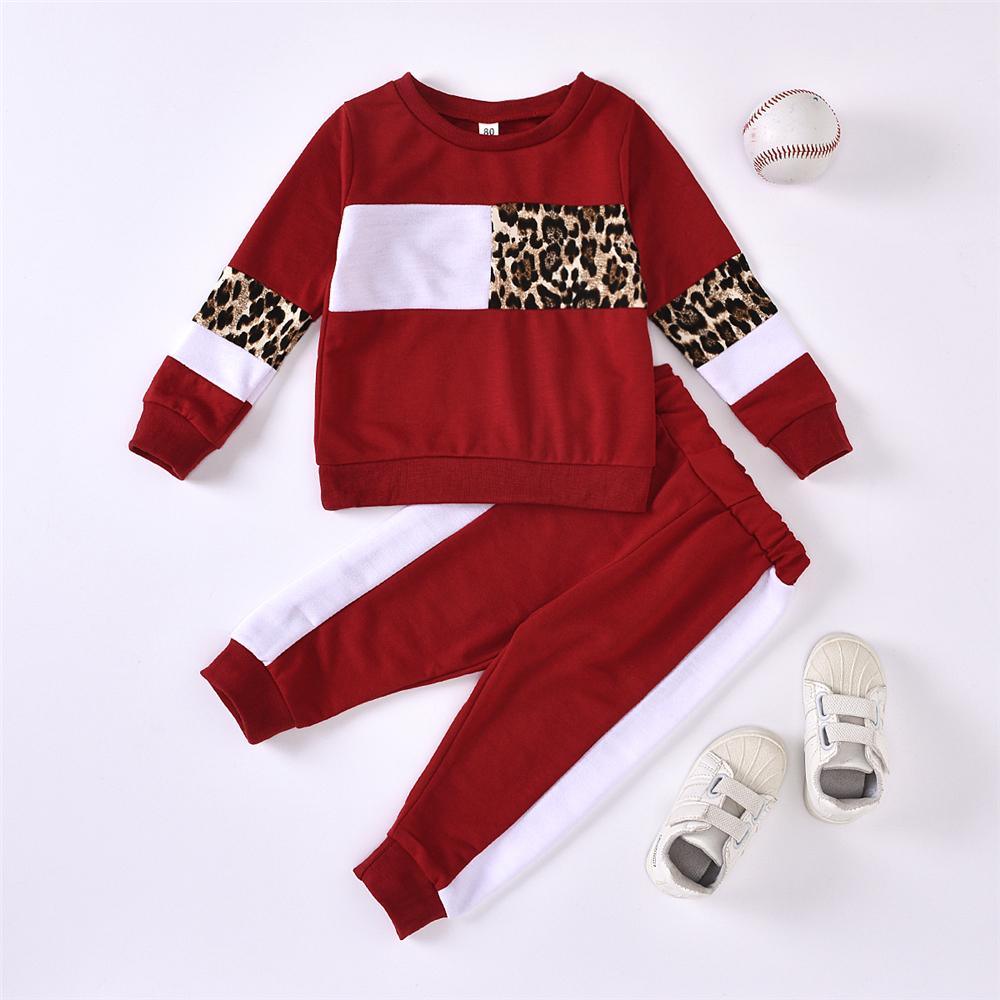 Girls Leopard Splicing Long Sleeve Tops & Pants Girls Wholesale Clothes - PrettyKid