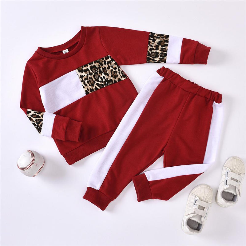 Girls Leopard Splicing Long Sleeve Tops & Pants Girls Wholesale Clothes - PrettyKid