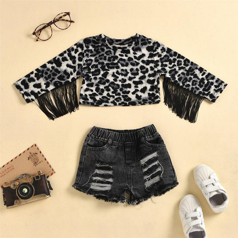 Girls Leopard Tassel Long Sleeve Top & Ripped Denim Shorts Wholesale - PrettyKid