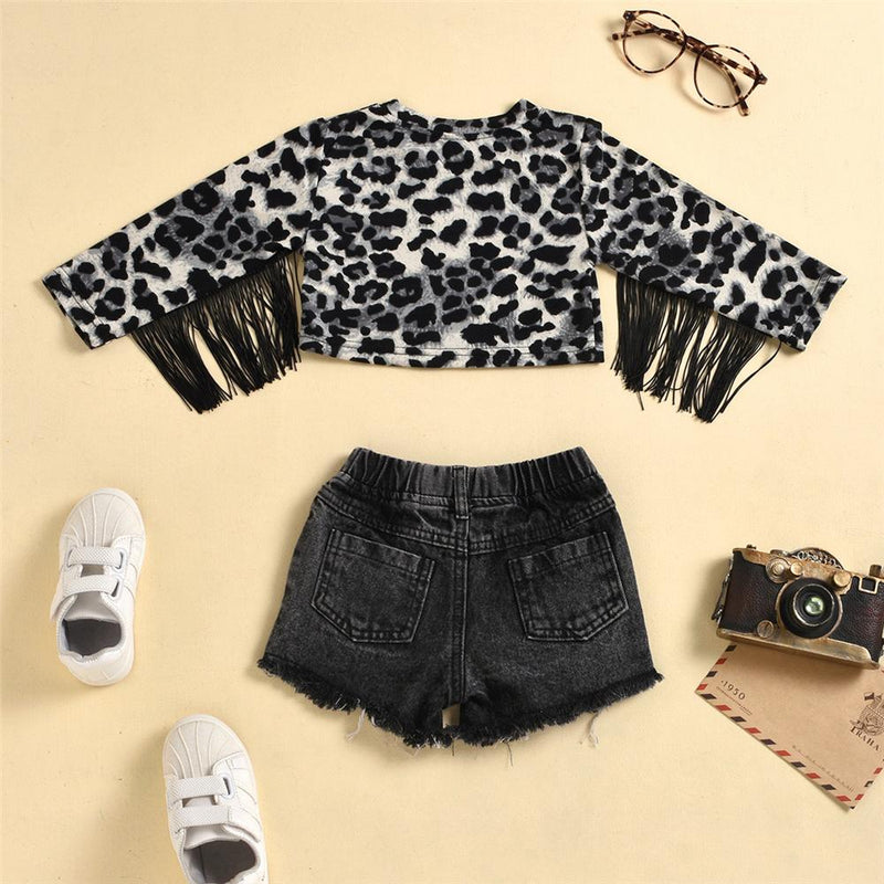 Girls Leopard Tassel Long Sleeve Top & Ripped Denim Shorts Wholesale - PrettyKid