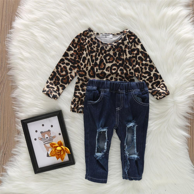 Toddler Girls Leopard Top & Ripped Jeans Wholesale Boutique Girl Clothing - PrettyKid