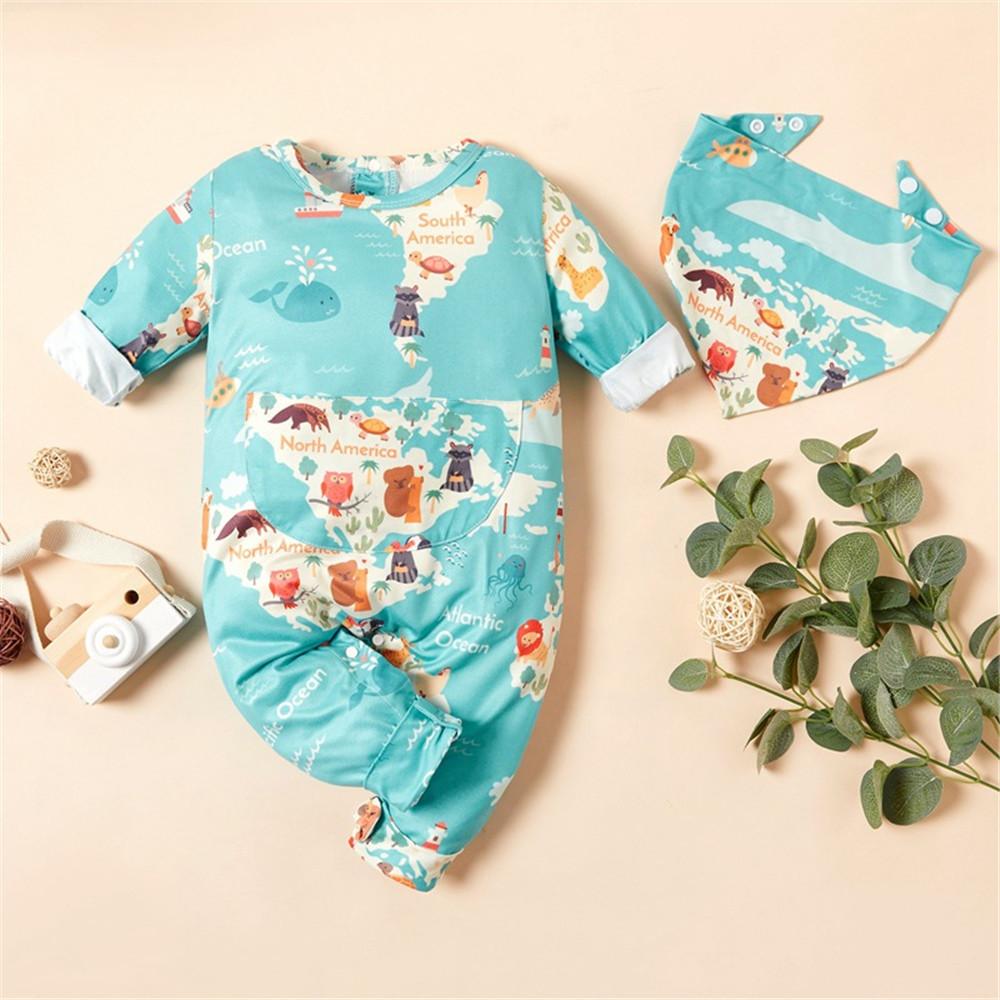 Baby Boys Letter Animal Printed Long Sleeve Romper & Bibs - PrettyKid