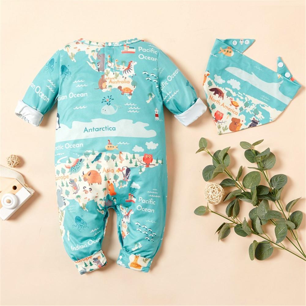 Baby Boys Letter Animal Printed Long Sleeve Romper & Bibs - PrettyKid