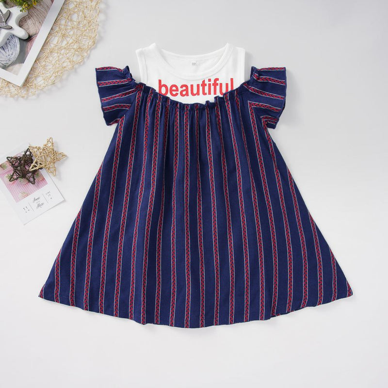 Girls Letter Beautiful Printed Splicing Short Sleeve Dress Girls Dress Wholesale - PrettyKid