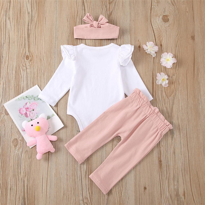 Baby Girls Letter Casual Romper & Pants & Headband Wholesale Kidswear - PrettyKid