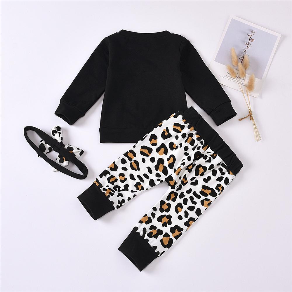 Baby Girls Letter Crew Neck Tops & Leopard Pants & Headband Baby Outfits - PrettyKid