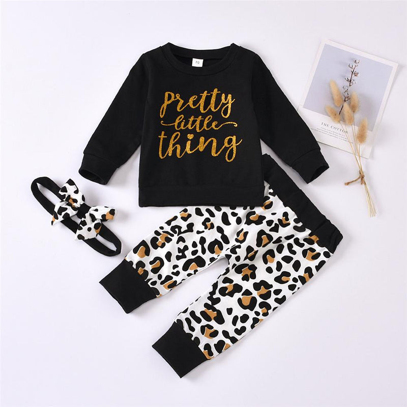 Baby Girls Letter Crew Neck Tops & Leopard Pants & Headband Baby Outfits - PrettyKid