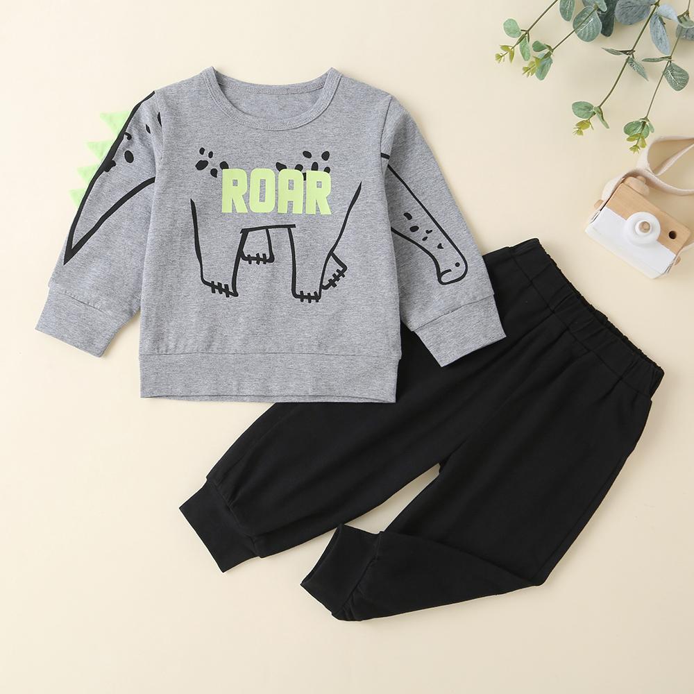 Baby Boys Letter Dinosaur Printed Long Sleeve Top & Pants - PrettyKid