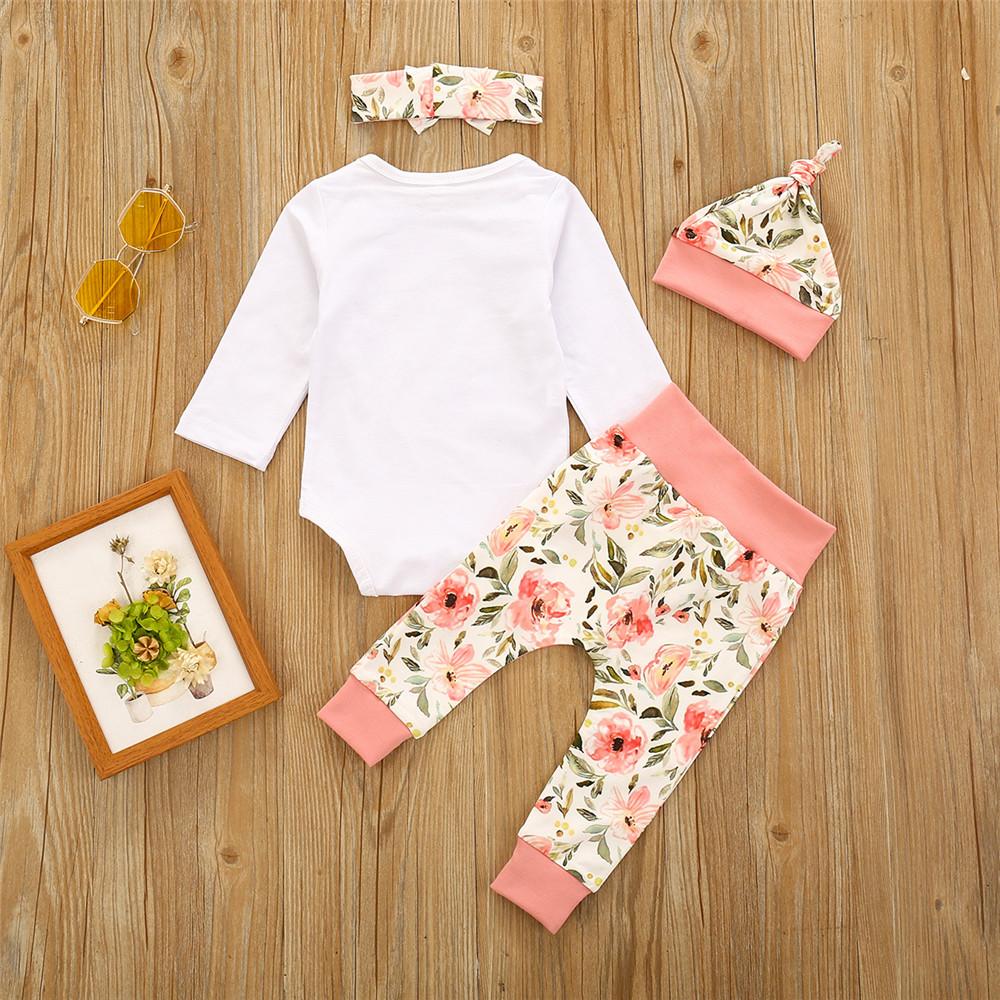 Baby Girls Letter Floral Printed Top & Pants & Hat & Headband - PrettyKid