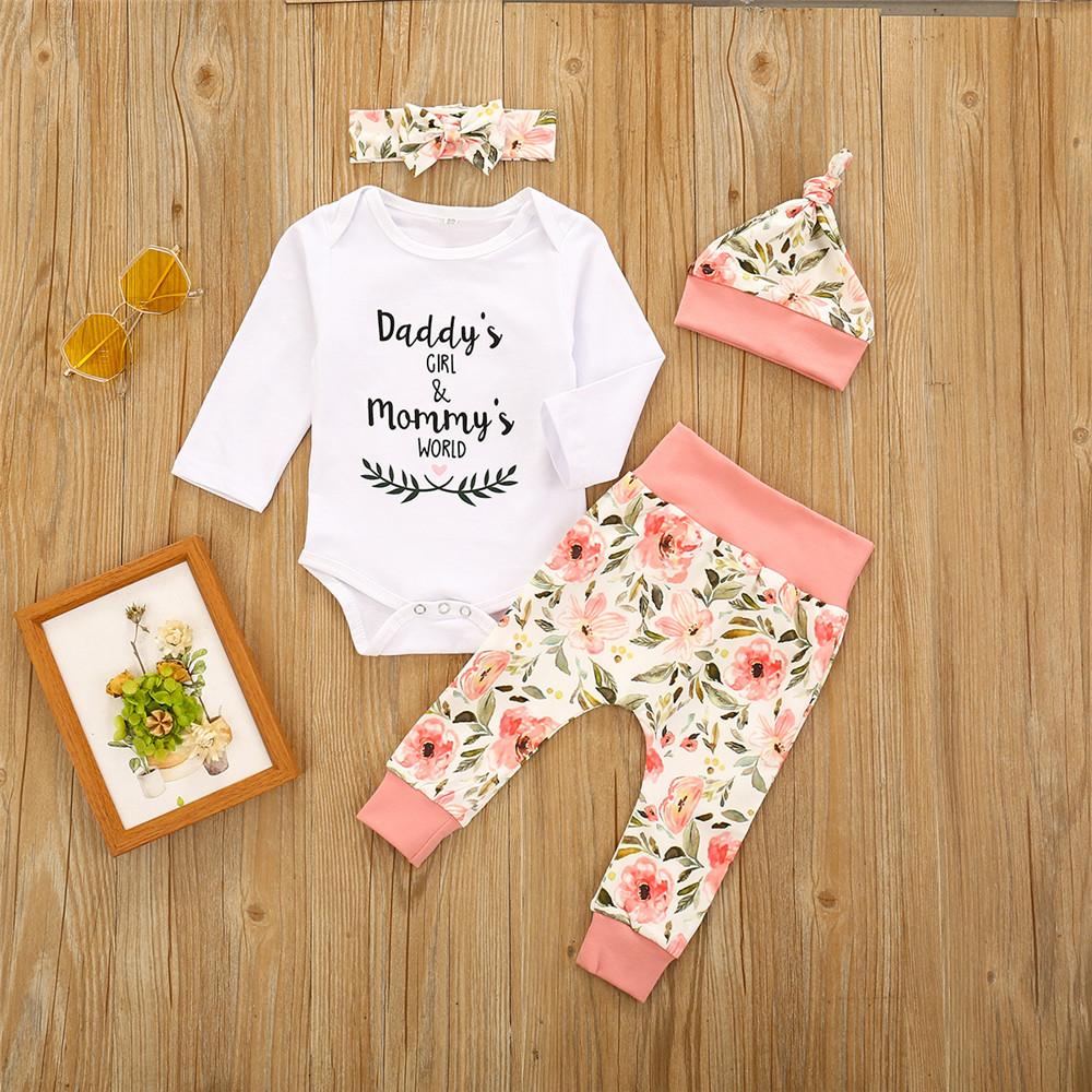 Baby Girls Letter Floral Printed Top & Pants & Hat & Headband - PrettyKid