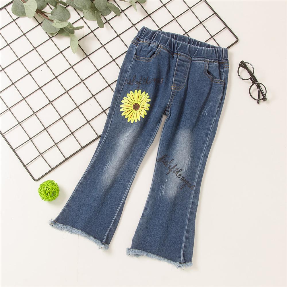 Toddler Girls Letter Flower Casual Flared Jeans Girls Clothes Wholesale - PrettyKid