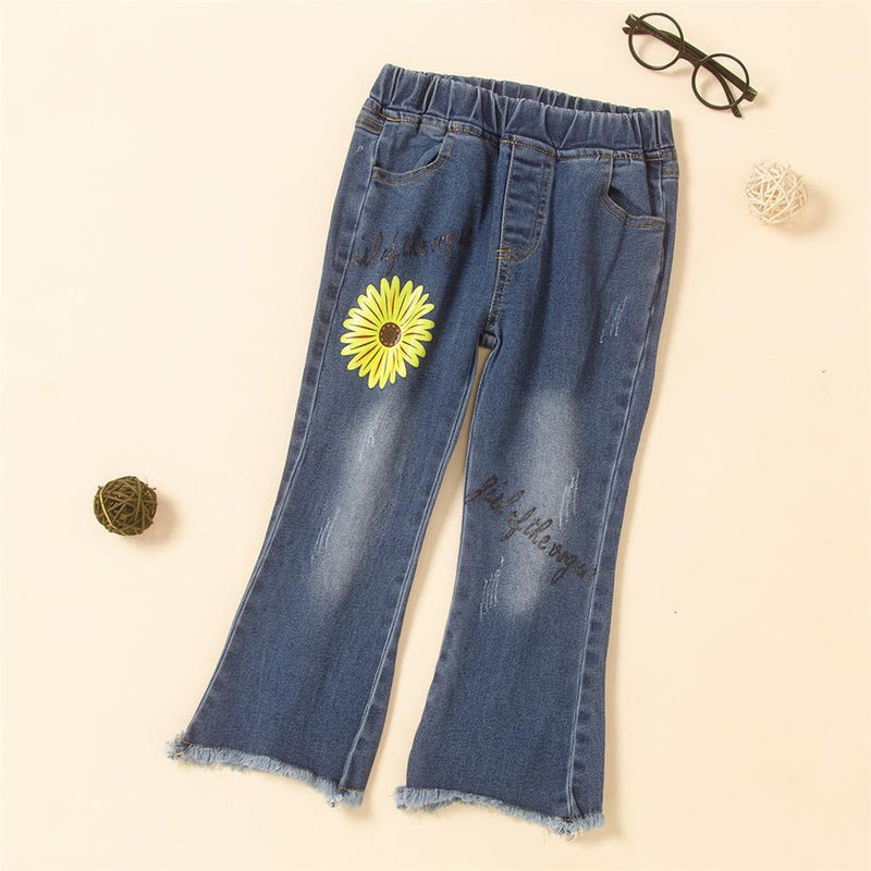 Toddler Girls Letter Flower Casual Flared Jeans Girls Clothes Wholesale - PrettyKid