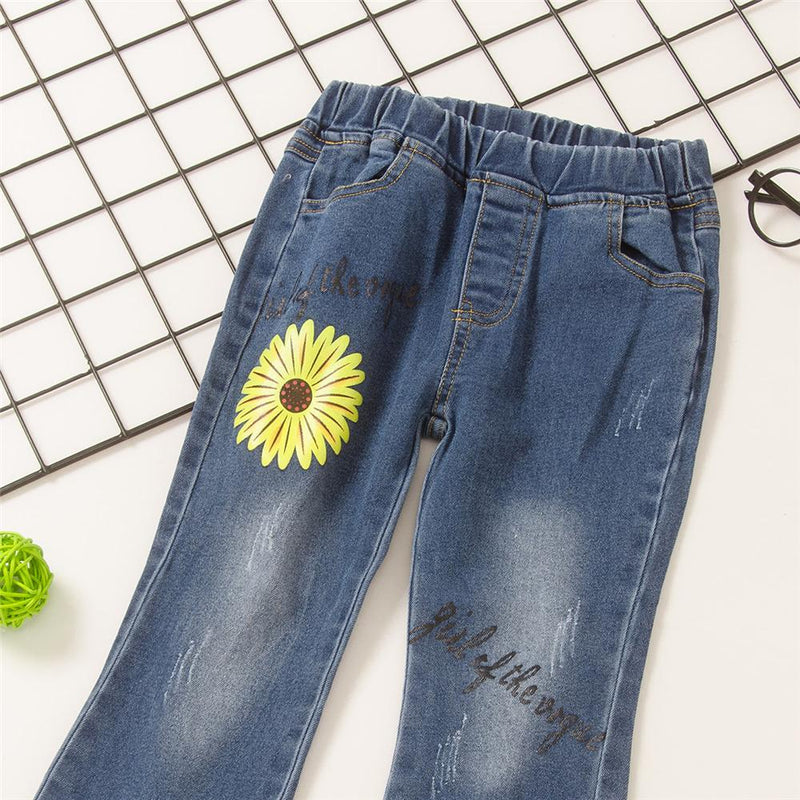 Toddler Girls Letter Flower Casual Flared Jeans Girls Clothes Wholesale - PrettyKid