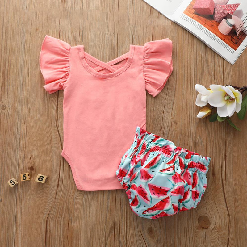 Baby Girls Letter Fruit Printed Short Sleeve Romper & Shorts Baby clothing Wholesale vendors - PrettyKid
