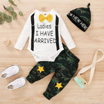 Baby Boys Letter Ladies I Have Arrived Tie Long Sleeve Romper & Camo Pants & Hat Baby Wholesale - PrettyKid