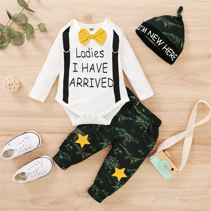 Baby Boys Letter Ladies I Have Arrived Tie Long Sleeve Romper & Camo Pants & Hat Baby Wholesale - PrettyKid