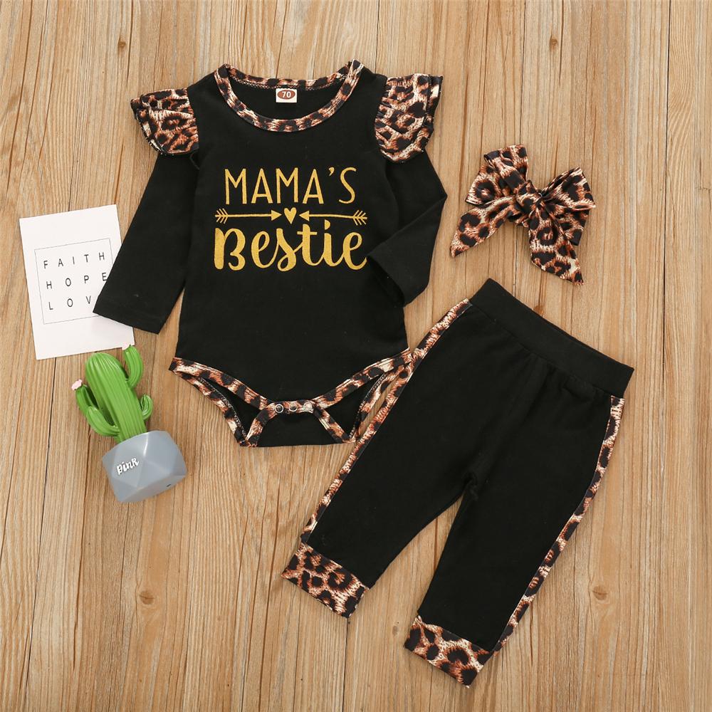 Baby Girls Letter Leopard Printed Romper & Bottoms & Headband Baby Wholesale - PrettyKid