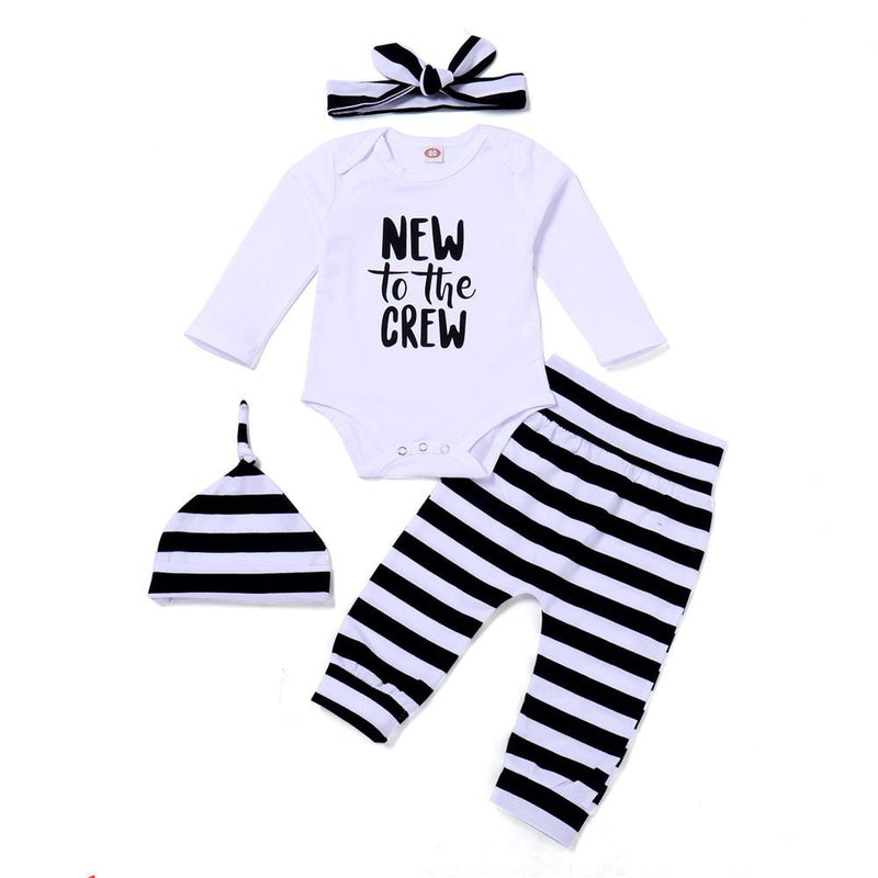 Baby Letter Long Sleeve Striped Romper & Pants & Hat & Headband - PrettyKid