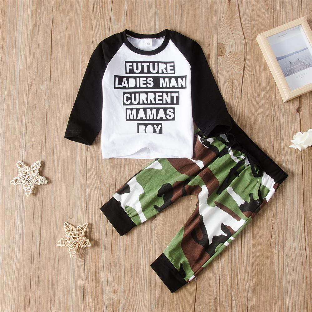 Toddler Boys Letter Long Sleeve Top & Camo Pants Wholesale Boys Suits - PrettyKid