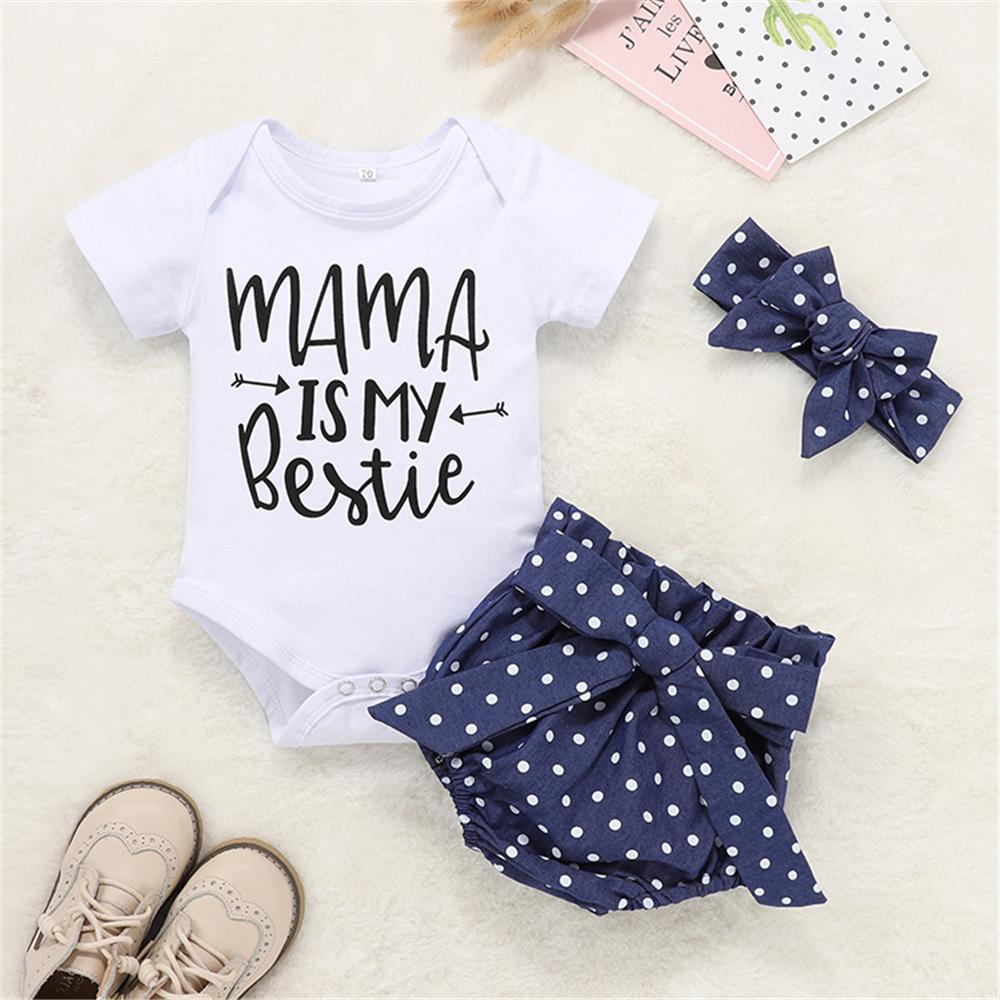 Baby Girl Letter Mama Is My Bestie Short Sleeve Romper Polka Dot Shorts Headband Baby Outfits - PrettyKid