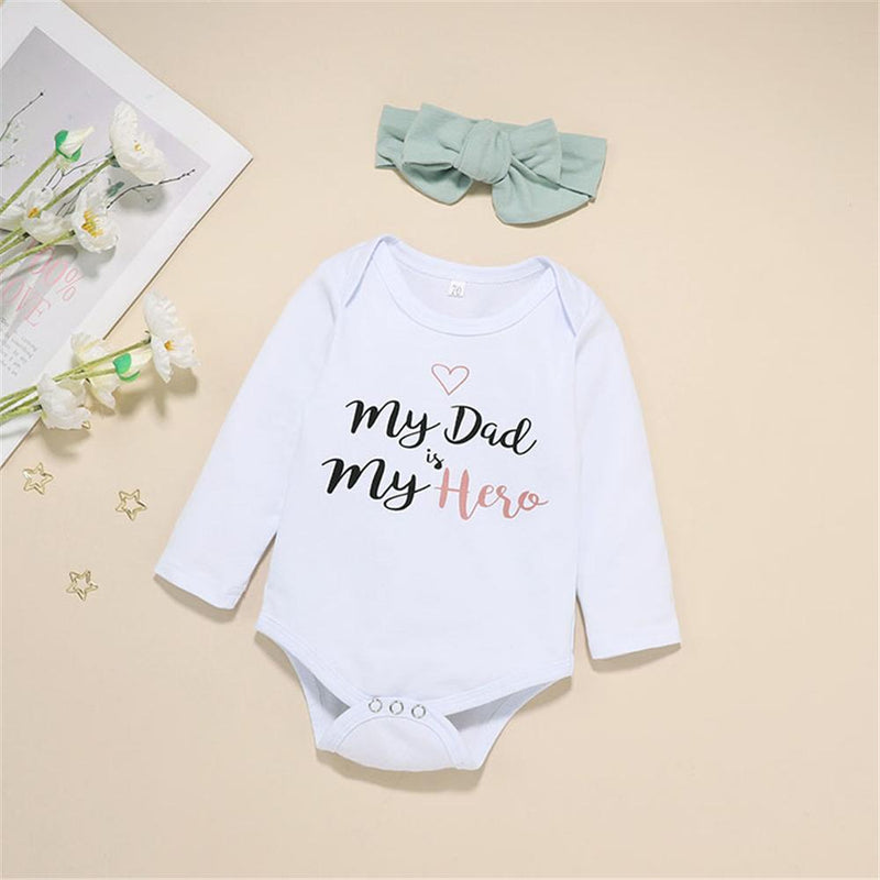 Baby Girls Letter My Dad Is Hero Long Sleeve & Pants & Headband Cheap Baby Clothes In Bulk - PrettyKid