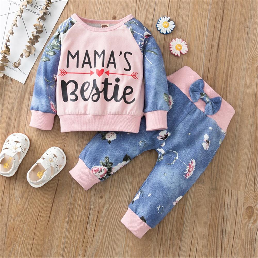 Baby Girl Letter Plant Printed Long-Sleeve Top & Pants Baby Wholesale Clothing - PrettyKid