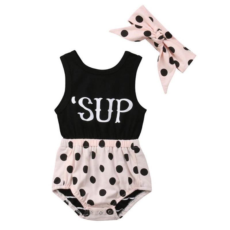 Baby Girls Letter Polka Dot Princess Splicing Sleeveless Romper & Headband Wholesale Baby Store - PrettyKid