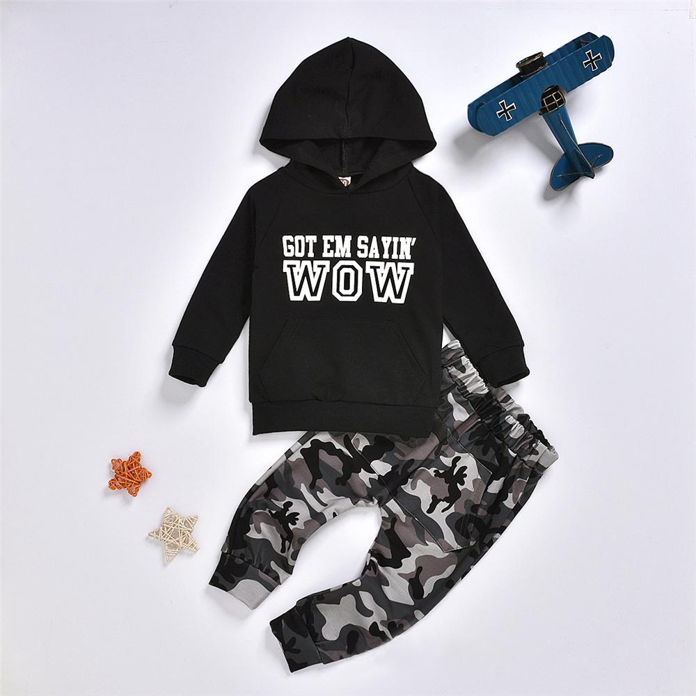 Baby Boys Letter Print Hooded Top & Camo Pants Boys Casual Suits - PrettyKid