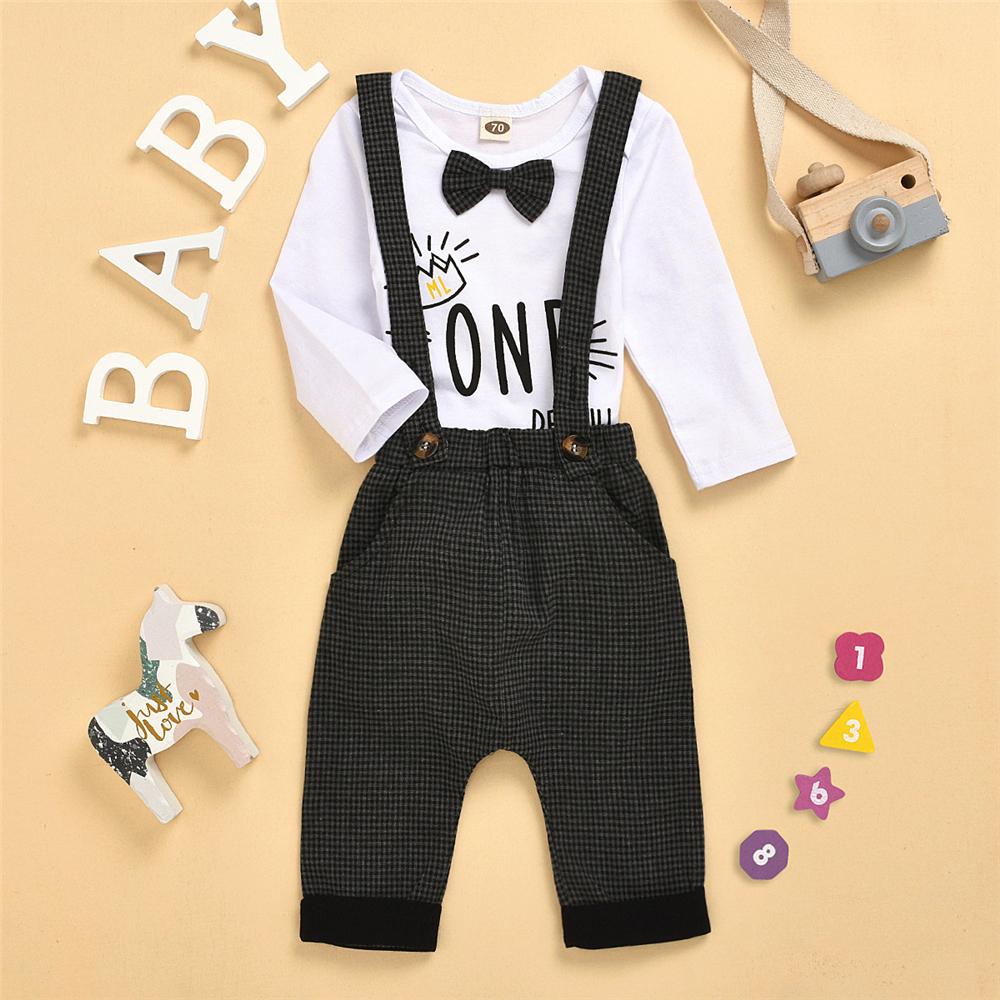 Baby Boys Letter Print Romper & Plaid Jumpsuit Baby Clothing Warehouse - PrettyKid