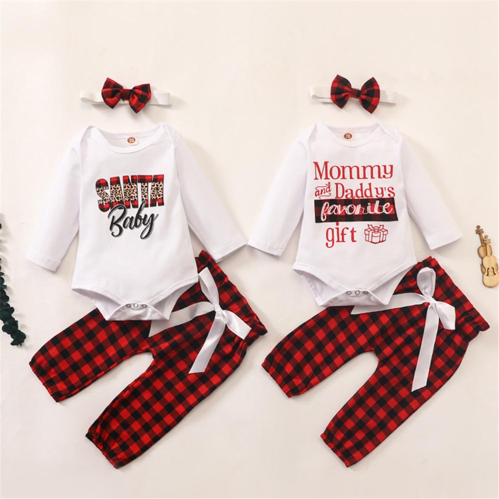 Baby Girls Letter Print Romper & Plaid Pants & Hairband Baby Wholesale - PrettyKid