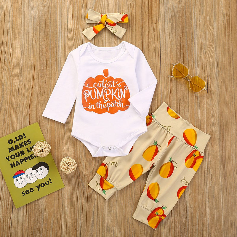 Baby Girls Letter Print Romper & Pumpkin Pants Halloween Sets - PrettyKid