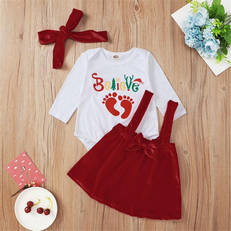 Baby Girl Letter Print Romper & Suspender Skirt &Headband Baby Wholesale - PrettyKid
