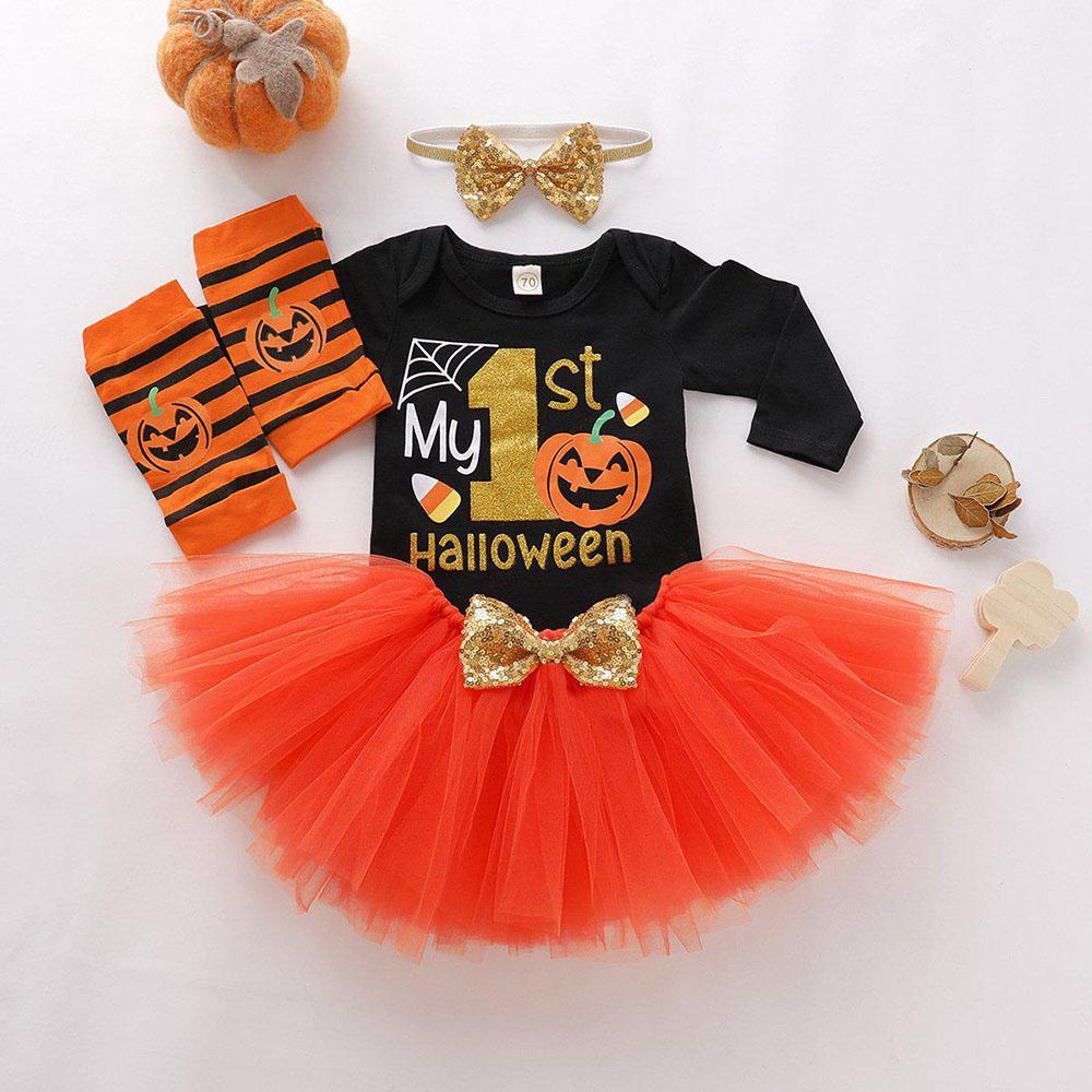 Baby Girls Letter Print Bodysuit & Mesh Skirt Halloween Sets - PrettyKid