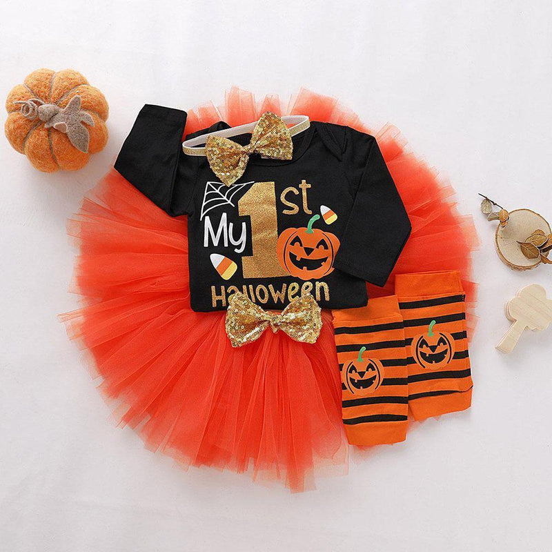 Baby Girls Letter Print Bodysuit & Mesh Skirt Halloween Sets - PrettyKid