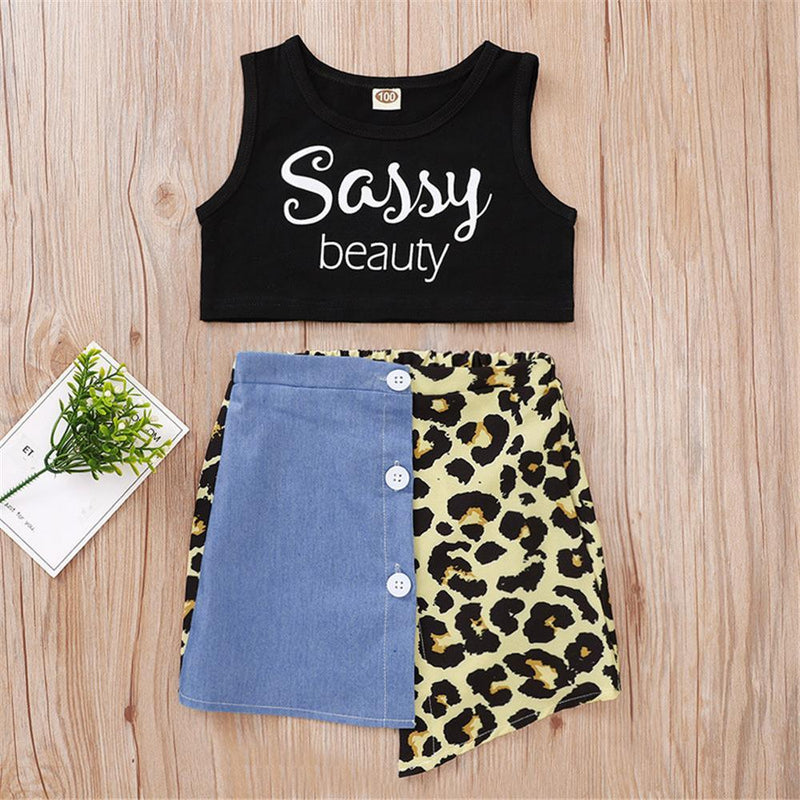 Girls Letter Print Sleeveless Top & Leopard Denim Skirt Toddler Girls Wholesale - PrettyKid