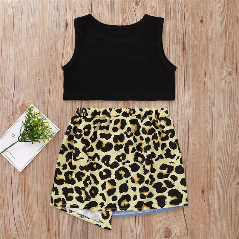 Girls Letter Print Sleeveless Top & Leopard Denim Skirt Toddler Girls Wholesale - PrettyKid