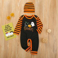 Baby Letter Print Stripe Romper & Hat Halloween Sets - PrettyKid