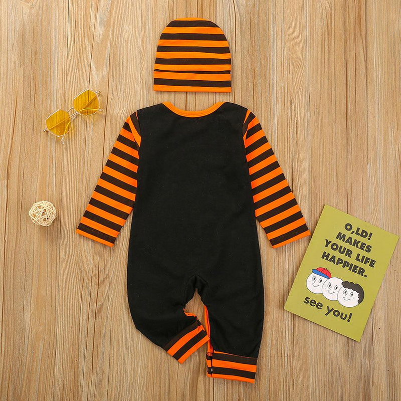 Baby Letter Print Stripe Romper & Hat Halloween Sets - PrettyKid