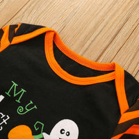 Baby Letter Print Stripe Romper & Hat Halloween Sets - PrettyKid