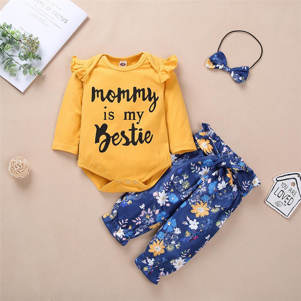 Baby Girl Letter Print Top & Floral Pants & Hairband Baby Clothes Warehouses - PrettyKid