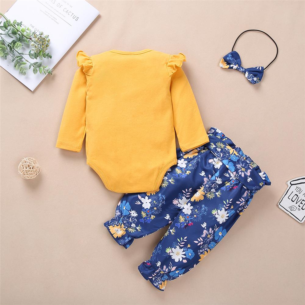 Baby Girl Letter Print Top & Floral Pants & Hairband Baby Clothes Warehouses - PrettyKid