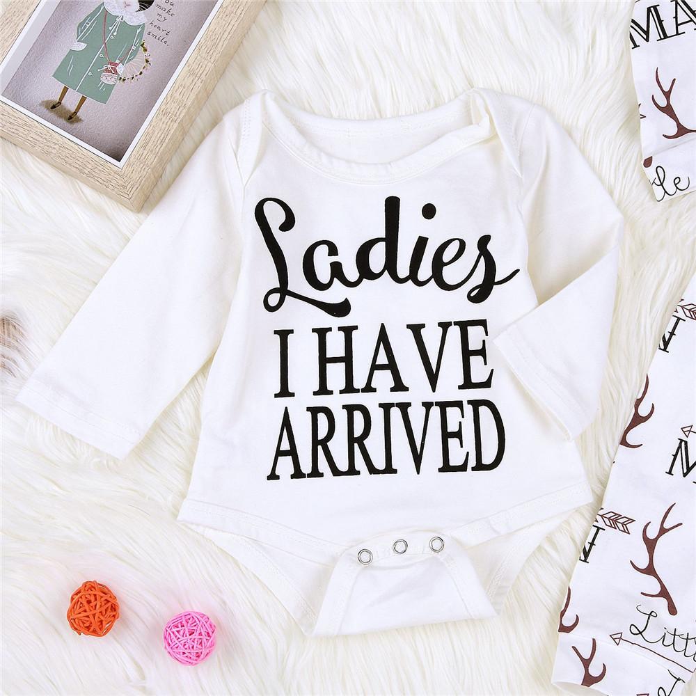Baby Letter Printed Autumn Romper & Antler Printed Pants & Hat - PrettyKid