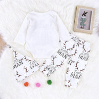 Baby Letter Printed Autumn Romper & Antler Printed Pants & Hat - PrettyKid