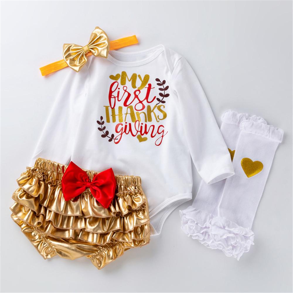 Baby Girls Letter Printed Bow Decor Romper & Shorts & & Headband & Foot Cover - PrettyKid
