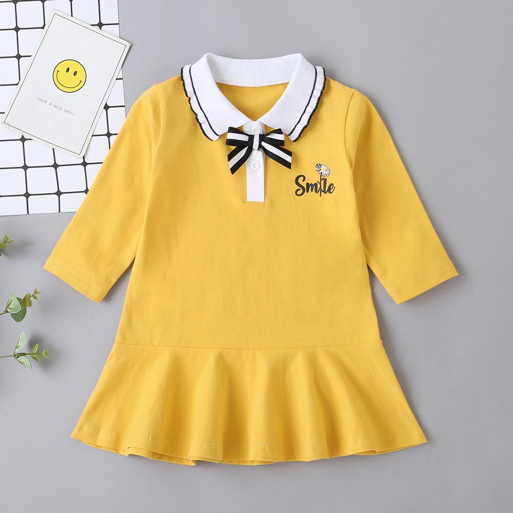 Baby Letter Printed Bow Decor Solid Long Sleeve Dress - PrettyKid