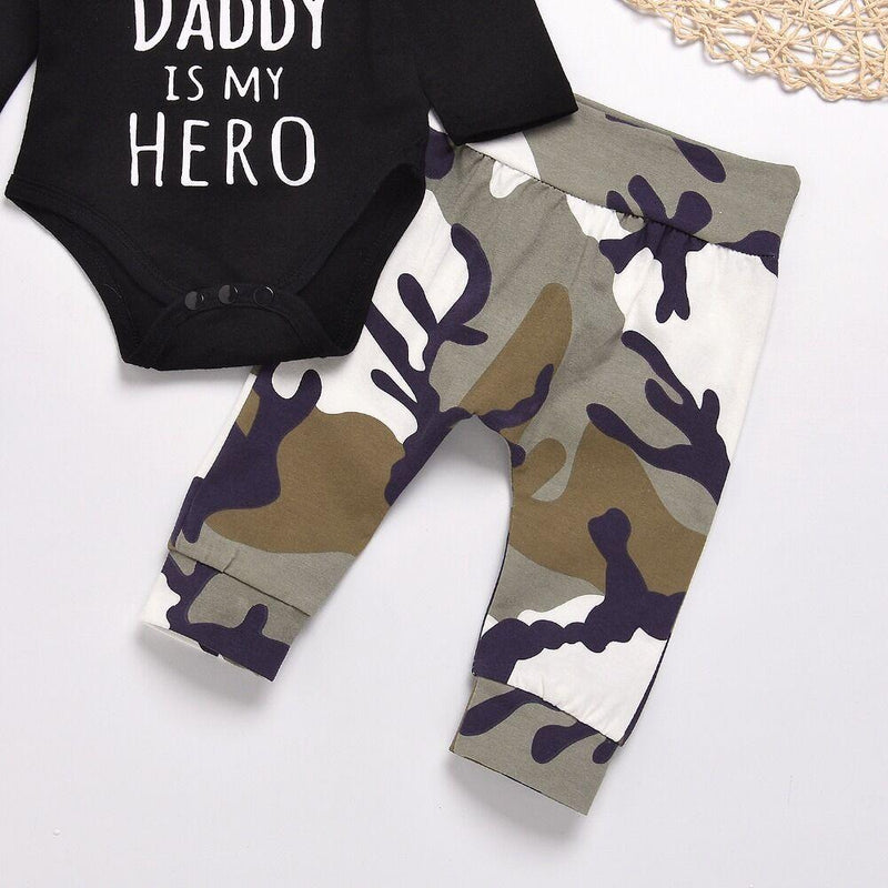 Baby Boys Letter Printed Camo Romper & Bottoms & Hat Baby Wholesales - PrettyKid