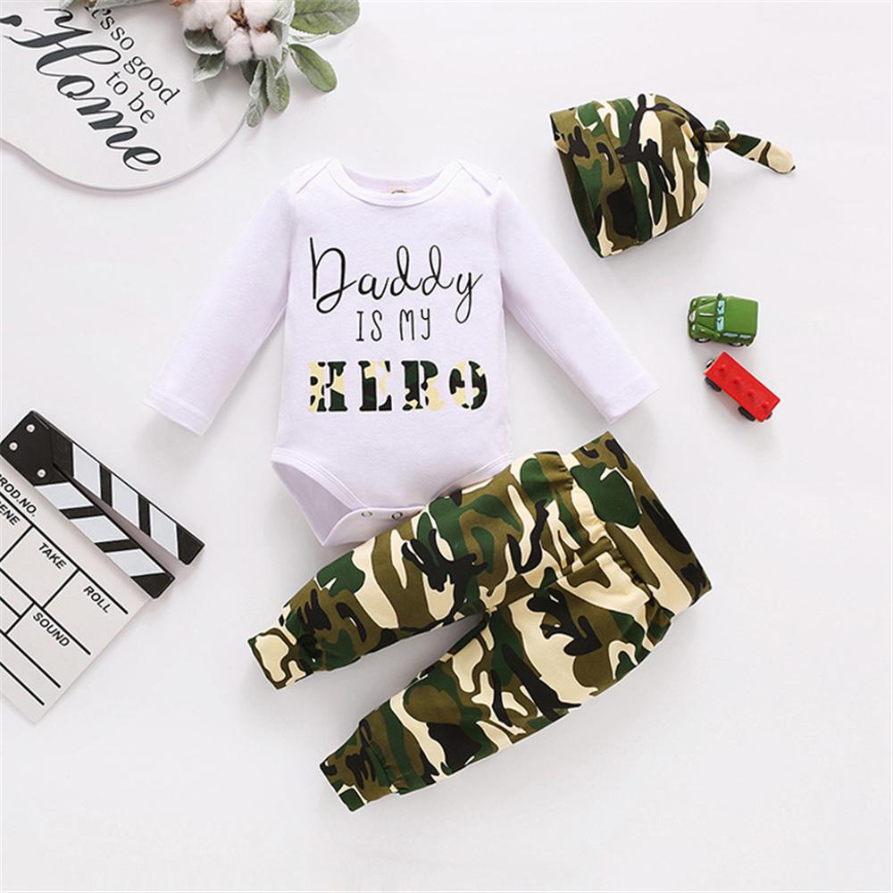 Baby Boys Letter Printed Camo Romper & Pants & Hat Baby Clothing Bulk - PrettyKid